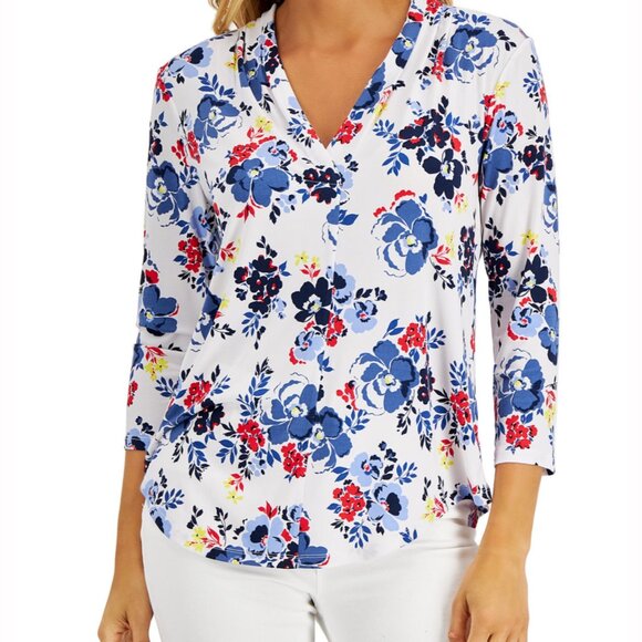 Charter Club Tops - Women's Charter Club White Floral V-Neck Blouse Size PM